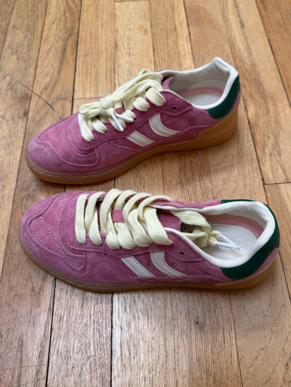 Coolway Pink Suede Sneakers with Cream Laces and Green Heel